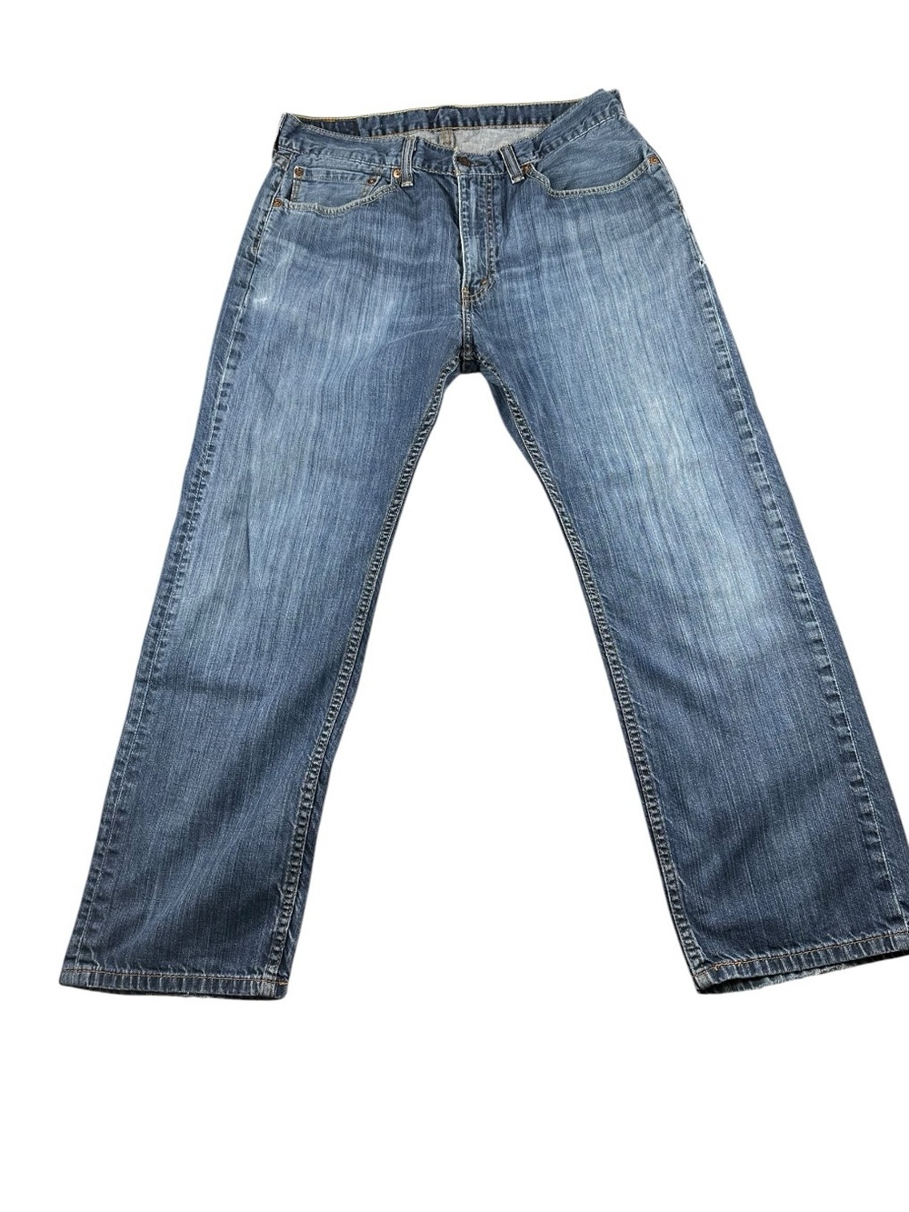 Levi’s 505 Regular Fit Straight Leg Jeans 34 Blue Distressed Faded Denim